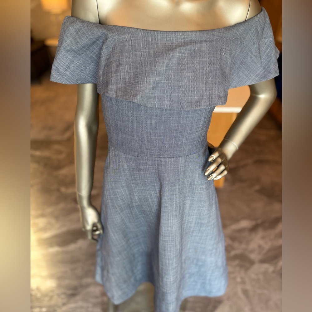 Off Shoulder A line Dress with Full Skirt Chambray Denim Blue